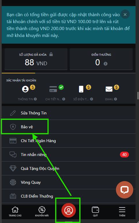 mục bảo vệ trên điện thoại và app vn88